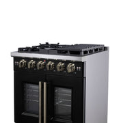 Forno Capriasca 30-Inch French Door Gas Range, 4.32 cu. ft., 5 Sealed Burners, Air Fryer Kit, Rotisserie Kit, Wok Support, Griddle, Black with Antique Brass Accents (FFSGS6460-30BLK)