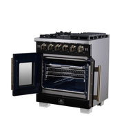 Forno Capriasca 30-Inch French Door Gas Range, 4.32 cu. ft., 5 Sealed Burners, Air Fryer Kit, Rotisserie Kit, Wok Support, Griddle, Black with Antique Brass Accents (FFSGS6460-30BLK)