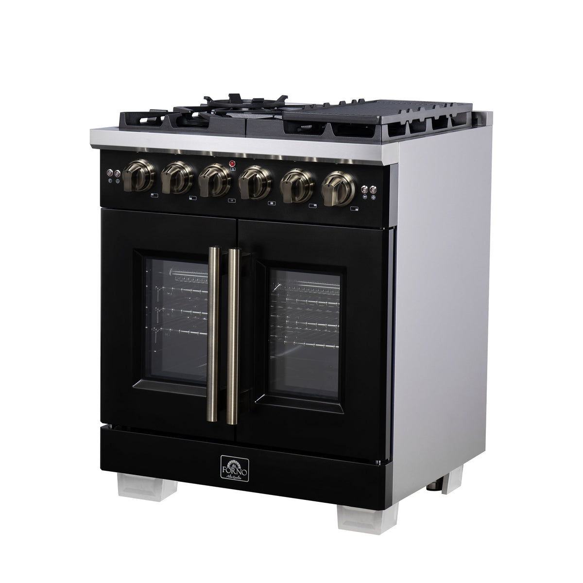 Forno Capriasca 30-Inch French Door Gas Range, 4.32 cu. ft., 5 Sealed Burners, Air Fryer Kit, Rotisserie Kit, Wok Support, Griddle, Black with Antique Brass Accents (FFSGS6460-30BLK)