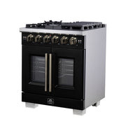 Forno Capriasca 30-Inch French Door Gas Range, 4.32 cu. ft., 5 Sealed Burners, Air Fryer Kit, Rotisserie Kit, Wok Support, Griddle, Black with Antique Brass Accents (FFSGS6460-30BLK)