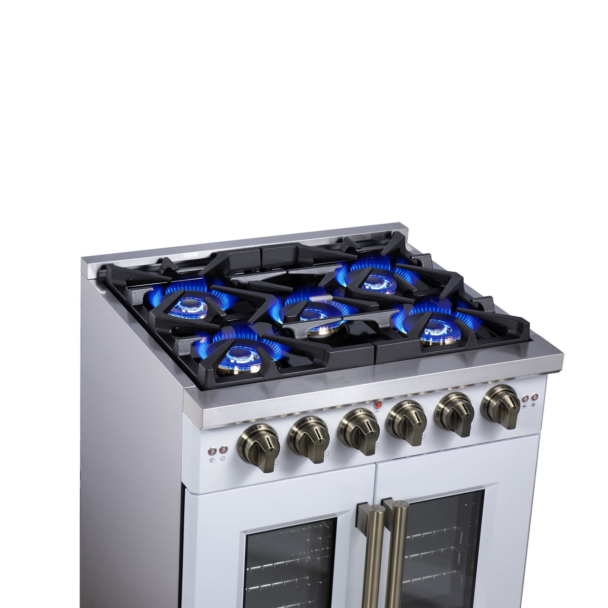 Forno Capriasca 30 in. French Door Gas Range, 4.32 cu. ft., 5 Sealed Burners, Air Fry Kit, Rotisserie, Wok Ring & Griddle, White with Antique Brass, Model FFSGS6460-30WHT