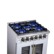 Forno Capriasca 30 in. French Door Gas Range, 4.32 cu. ft., 5 Sealed Burners, Air Fry Kit, Rotisserie, Wok Ring & Griddle, White with Antique Brass, Model FFSGS6460-30WHT