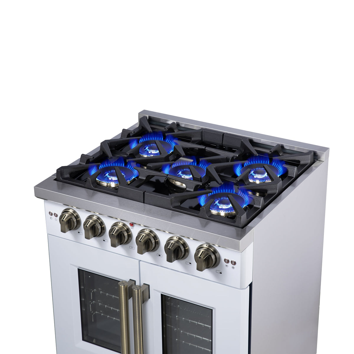 Forno Capriasca 30 in. French Door Gas Range, 4.32 cu. ft., 5 Sealed Burners, Air Fry Kit, Rotisserie, Wok Ring & Griddle, White with Antique Brass, Model FFSGS6460-30WHT