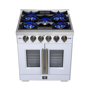 Forno Capriasca 30 in. French Door Gas Range, 4.32 cu. ft., 5 Sealed Burners, Air Fry Kit, Rotisserie, Wok Ring & Griddle, White with Antique Brass, Model FFSGS6460-30WHT