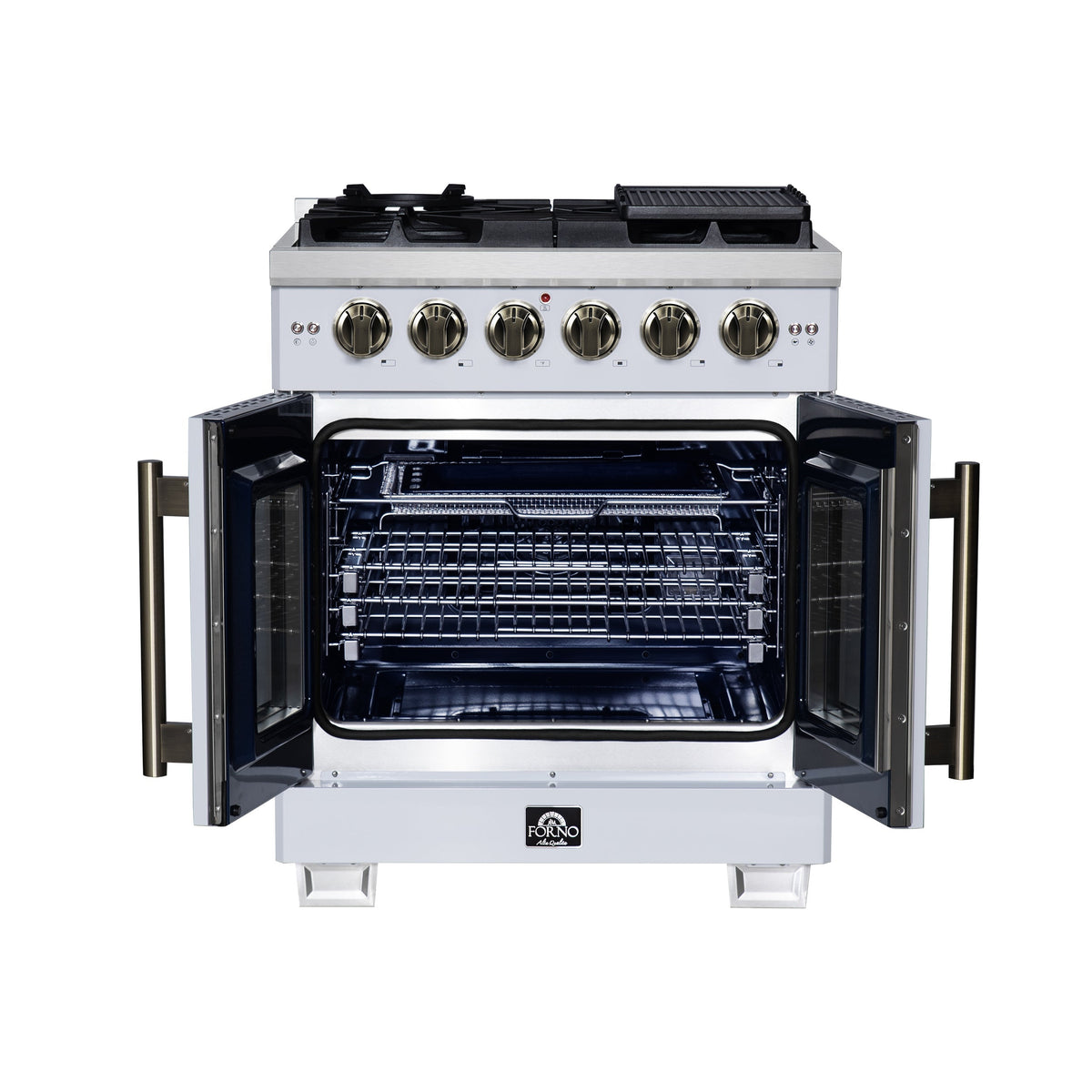 Forno Capriasca 30 in. French Door Gas Range, 4.32 cu. ft., 5 Sealed Burners, Air Fry Kit, Rotisserie, Wok Ring & Griddle, White with Antique Brass, Model FFSGS6460-30WHT