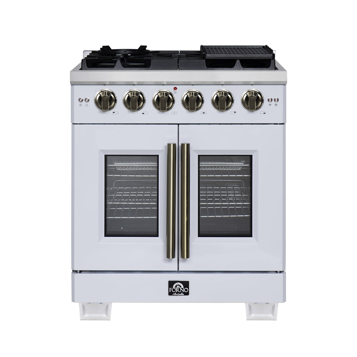 Forno Capriasca 30 in. French Door Gas Range, 4.32 cu. ft., 5 Sealed Burners, Air Fry Kit, Rotisserie, Wok Ring & Griddle, White with Antique Brass, Model FFSGS6460-30WHT