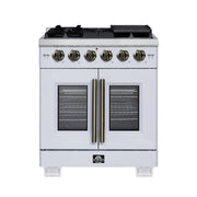 Forno Capriasca 30 in. French Door Gas Range, 4.32 cu. ft., 5 Sealed Burners, Air Fry Kit, Rotisserie, Wok Ring & Griddle, White with Antique Brass, Model FFSGS6460-30WHT