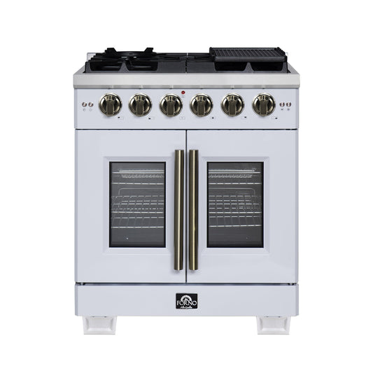 Forno Capriasca 30 in. French Door Gas Range, 4.32 cu. ft., 5 Sealed Burners, Air Fry Kit, Rotisserie, Wok Ring & Griddle, White with Antique Brass, Model FFSGS6460-30WHT