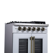 Forno Capriasca 30 in. French Door Gas Range, 4.32 cu. ft., 5 Sealed Burners, Air Fry Kit, Rotisserie, Wok Ring & Griddle, White with Antique Brass, Model FFSGS6460-30WHT