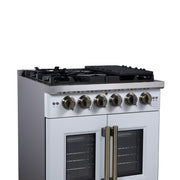 Forno Capriasca 30 in. French Door Gas Range, 4.32 cu. ft., 5 Sealed Burners, Air Fry Kit, Rotisserie, Wok Ring & Griddle, White with Antique Brass, Model FFSGS6460-30WHT