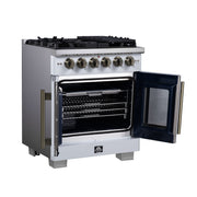 Forno Capriasca 30 in. French Door Gas Range, 4.32 cu. ft., 5 Sealed Burners, Air Fry Kit, Rotisserie, Wok Ring & Griddle, White with Antique Brass, Model FFSGS6460-30WHT