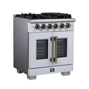 Forno Capriasca 30 in. French Door Gas Range, 4.32 cu. ft., 5 Sealed Burners, Air Fry Kit, Rotisserie, Wok Ring & Griddle, White with Antique Brass, Model FFSGS6460-30WHT