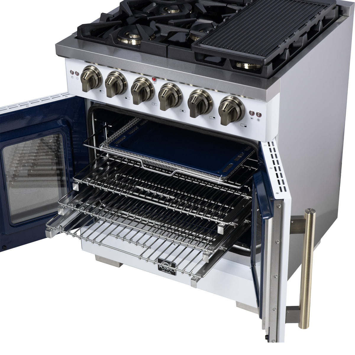 Forno Capriasca 30 in. French Door Gas Range, 4.32 cu. ft., 5 Sealed Burners, Air Fry Kit, Rotisserie, Wok Ring & Griddle, White with Antique Brass, Model FFSGS6460-30WHT
