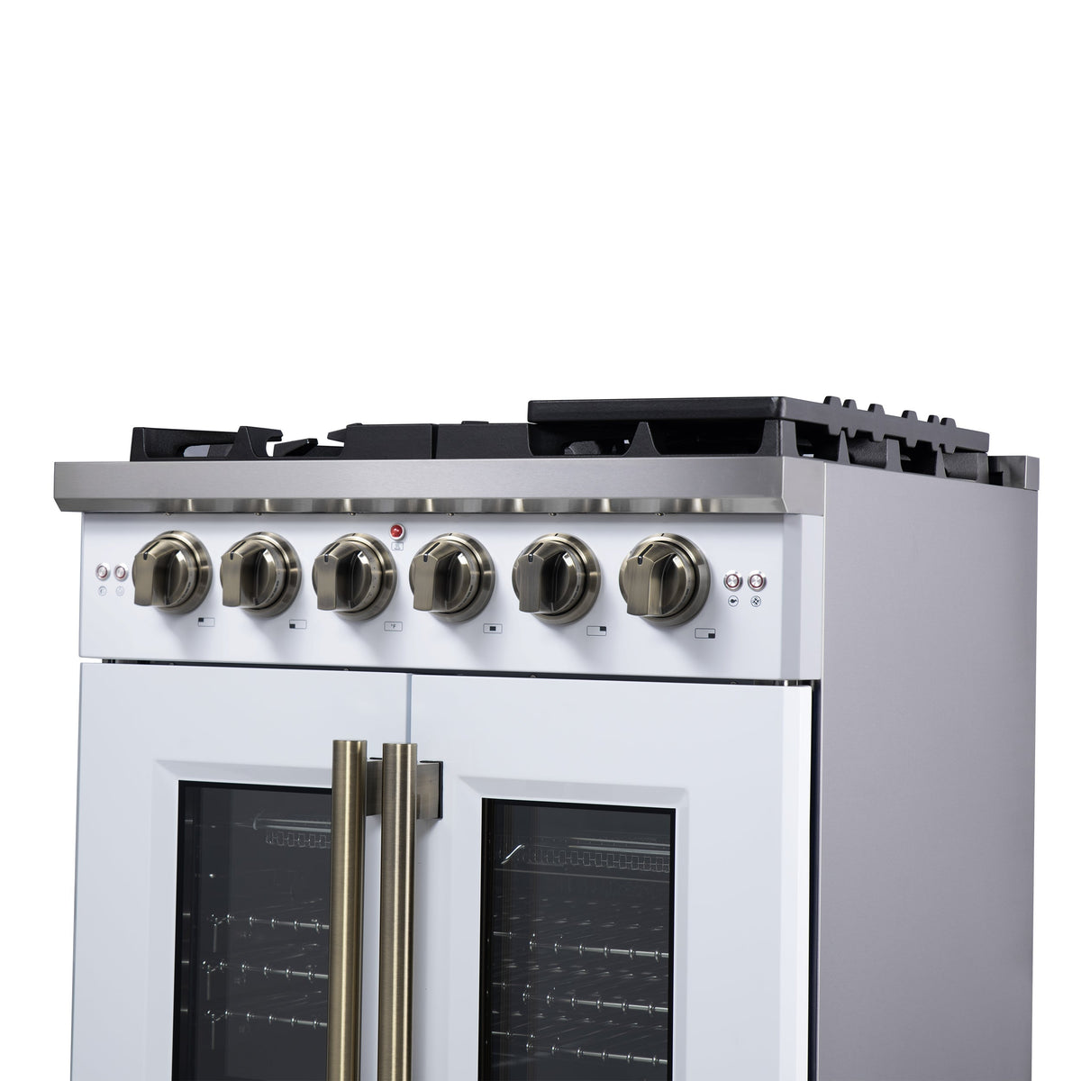 Forno Capriasca 30 in. French Door Gas Range, 4.32 cu. ft., 5 Sealed Burners, Air Fry Kit, Rotisserie, Wok Ring & Griddle, White with Antique Brass, Model FFSGS6460-30WHT