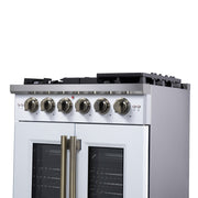 Forno Capriasca 30 in. French Door Gas Range, 4.32 cu. ft., 5 Sealed Burners, Air Fry Kit, Rotisserie, Wok Ring & Griddle, White with Antique Brass, Model FFSGS6460-30WHT