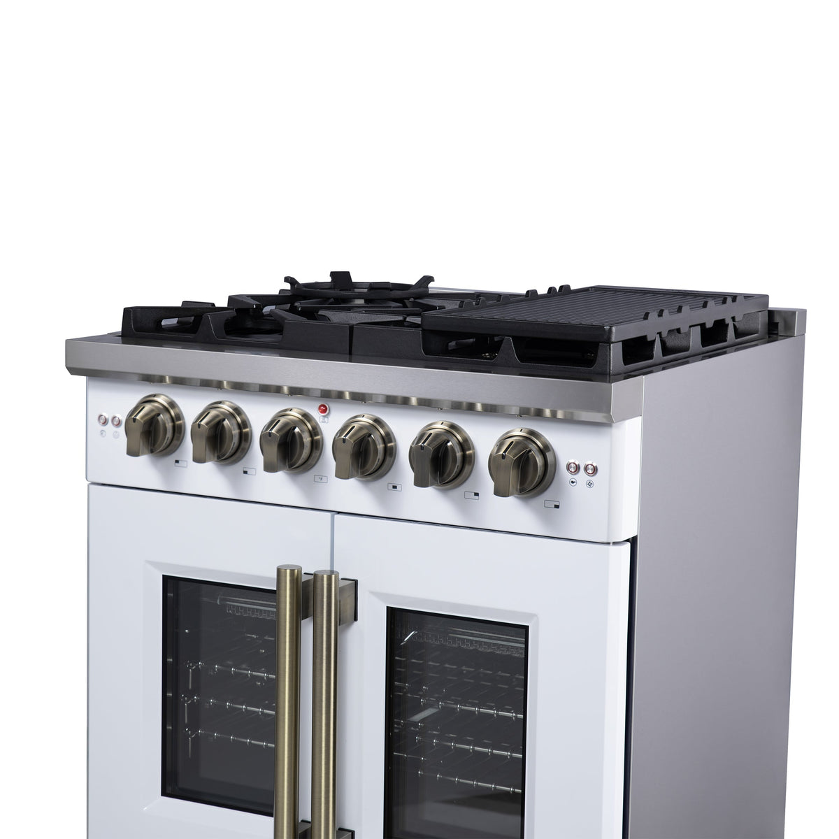 Forno Capriasca 30 in. French Door Gas Range, 4.32 cu. ft., 5 Sealed Burners, Air Fry Kit, Rotisserie, Wok Ring & Griddle, White with Antique Brass, Model FFSGS6460-30WHT
