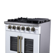 Forno Capriasca 30 in. French Door Gas Range, 4.32 cu. ft., 5 Sealed Burners, Air Fry Kit, Rotisserie, Wok Ring & Griddle, White with Antique Brass, Model FFSGS6460-30WHT