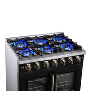 Forno Capriasca 36-Inch French Door Gas Range, 5.36 cu. ft. Oven, 6 Sealed Gas Burners, Air Fry Basket, Rotisserie Kit, Wok Ring and Griddle, Black with Antique Brass Accents (Model FFSGS6460-36BLK)