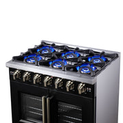 Forno Capriasca 36-Inch French Door Gas Range, 5.36 cu. ft. Oven, 6 Sealed Gas Burners, Air Fry Basket, Rotisserie Kit, Wok Ring and Griddle, Black with Antique Brass Accents (Model FFSGS6460-36BLK)