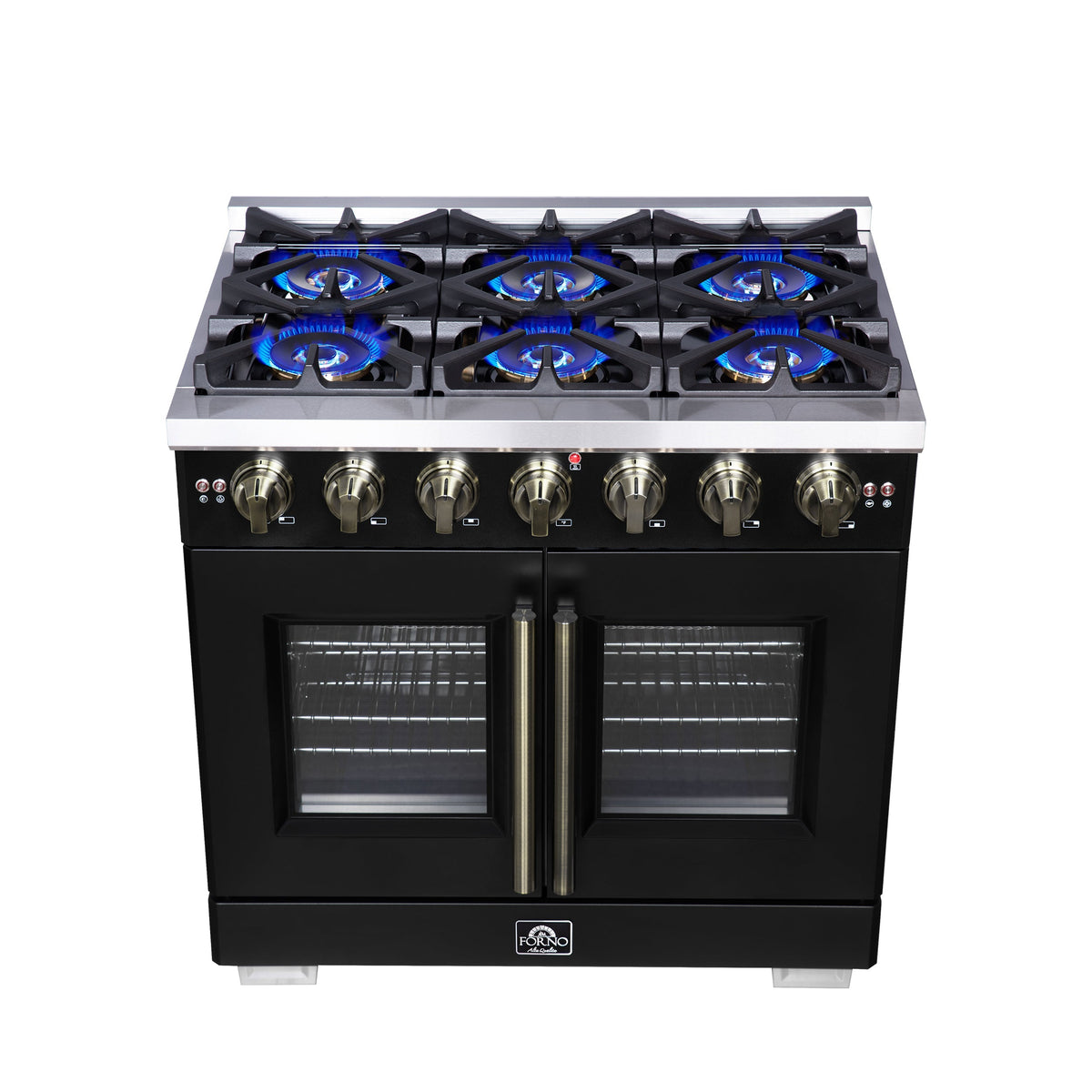 Forno Capriasca 36-Inch French Door Gas Range, 5.36 cu. ft. Oven, 6 Sealed Gas Burners, Air Fry Basket, Rotisserie Kit, Wok Ring and Griddle, Black with Antique Brass Accents (Model FFSGS6460-36BLK)