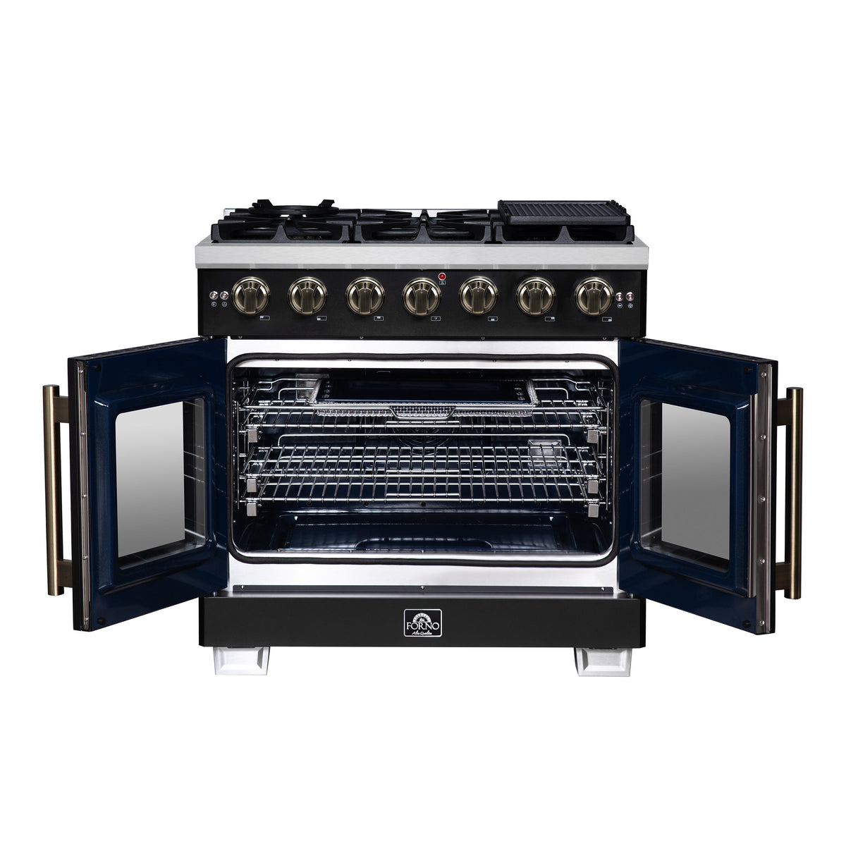 Forno Capriasca 36-Inch French Door Gas Range, 5.36 cu. ft. Oven, 6 Sealed Gas Burners, Air Fry Basket, Rotisserie Kit, Wok Ring and Griddle, Black with Antique Brass Accents (Model FFSGS6460-36BLK)