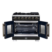 Forno Capriasca 36-Inch French Door Gas Range, 5.36 cu. ft. Oven, 6 Sealed Gas Burners, Air Fry Basket, Rotisserie Kit, Wok Ring and Griddle, Black with Antique Brass Accents (Model FFSGS6460-36BLK)