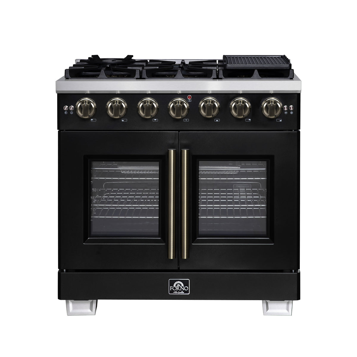 Forno Capriasca 36-Inch French Door Gas Range, 5.36 cu. ft. Oven, 6 Sealed Gas Burners, Air Fry Basket, Rotisserie Kit, Wok Ring and Griddle, Black with Antique Brass Accents (Model FFSGS6460-36BLK)