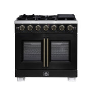Forno Capriasca 36-Inch French Door Gas Range, 5.36 cu. ft. Oven, 6 Sealed Gas Burners, Air Fry Basket, Rotisserie Kit, Wok Ring and Griddle, Black with Antique Brass Accents (Model FFSGS6460-36BLK)