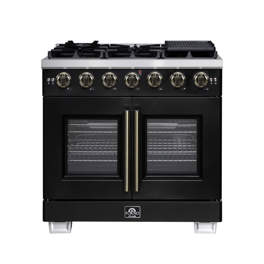 Forno Capriasca 36-Inch French Door Gas Range, 5.36 cu. ft. Oven, 6 Sealed Gas Burners, Air Fry Basket, Rotisserie Kit, Wok Ring and Griddle, Black with Antique Brass Accents (Model FFSGS6460-36BLK)