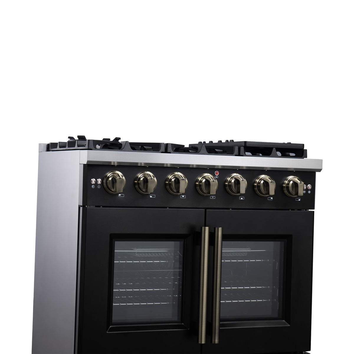 Forno Capriasca 36-Inch French Door Gas Range, 5.36 cu. ft. Oven, 6 Sealed Gas Burners, Air Fry Basket, Rotisserie Kit, Wok Ring and Griddle, Black with Antique Brass Accents (Model FFSGS6460-36BLK)