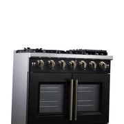 Forno Capriasca 36-Inch French Door Gas Range, 5.36 cu. ft. Oven, 6 Sealed Gas Burners, Air Fry Basket, Rotisserie Kit, Wok Ring and Griddle, Black with Antique Brass Accents (Model FFSGS6460-36BLK)