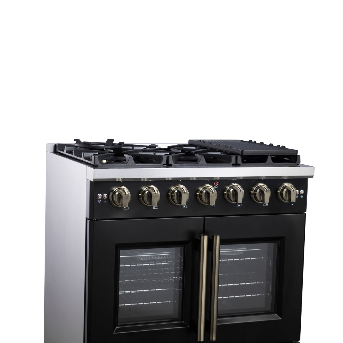 Forno Capriasca 36-Inch French Door Gas Range, 5.36 cu. ft. Oven, 6 Sealed Gas Burners, Air Fry Basket, Rotisserie Kit, Wok Ring and Griddle, Black with Antique Brass Accents (Model FFSGS6460-36BLK)