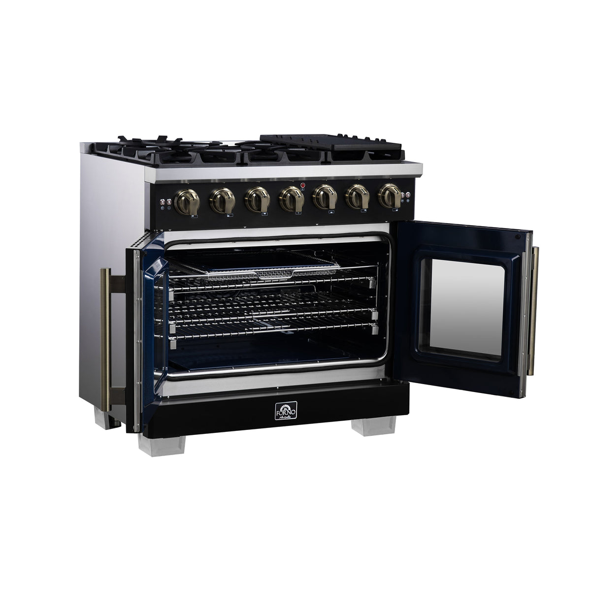 Forno Capriasca 36-Inch French Door Gas Range, 5.36 cu. ft. Oven, 6 Sealed Gas Burners, Air Fry Basket, Rotisserie Kit, Wok Ring and Griddle, Black with Antique Brass Accents (Model FFSGS6460-36BLK)