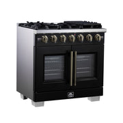 Forno Capriasca 36-Inch French Door Gas Range, 5.36 cu. ft. Oven, 6 Sealed Gas Burners, Air Fry Basket, Rotisserie Kit, Wok Ring and Griddle, Black with Antique Brass Accents (Model FFSGS6460-36BLK)