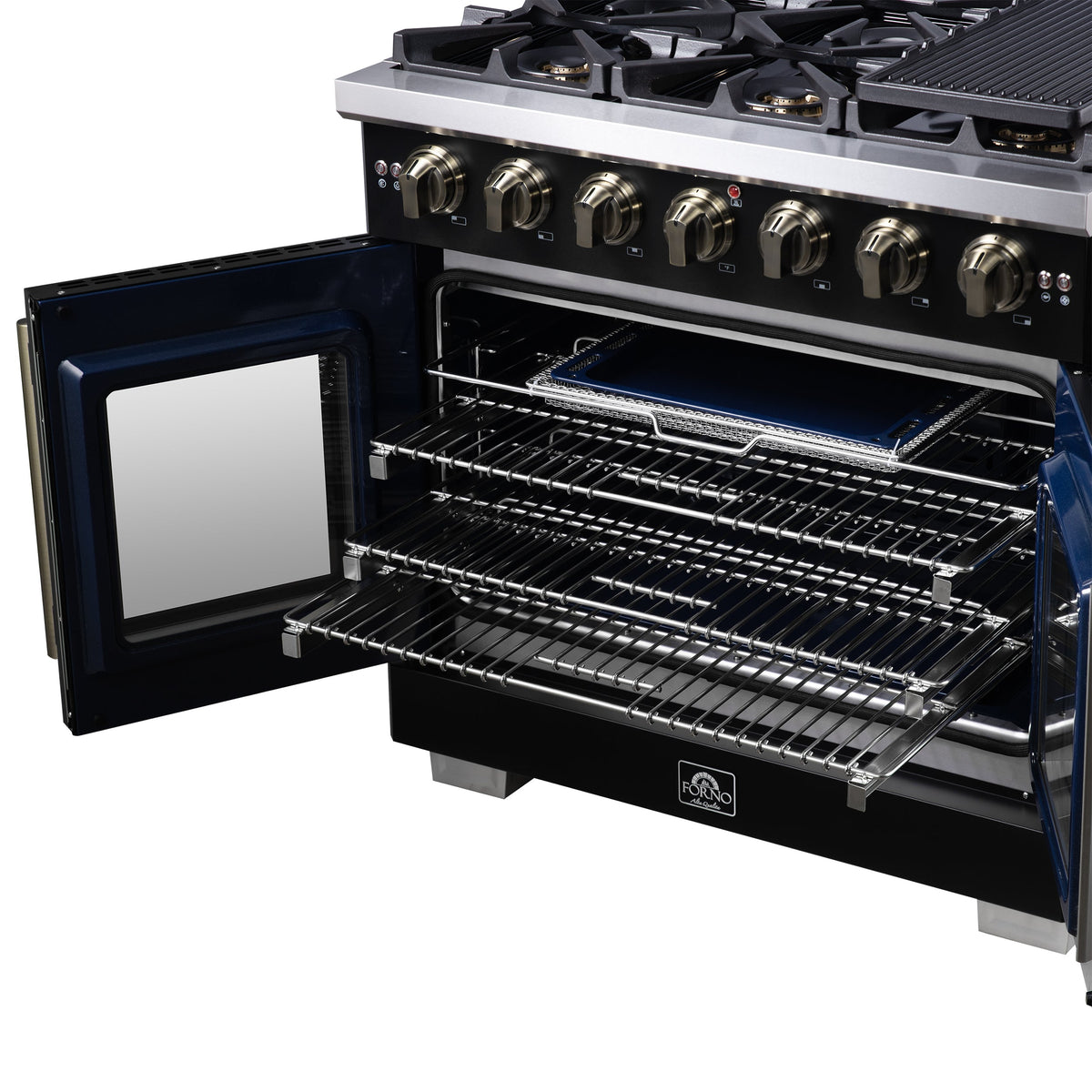 Forno Capriasca 36-Inch French Door Gas Range, 5.36 cu. ft. Oven, 6 Sealed Gas Burners, Air Fry Basket, Rotisserie Kit, Wok Ring and Griddle, Black with Antique Brass Accents (Model FFSGS6460-36BLK)