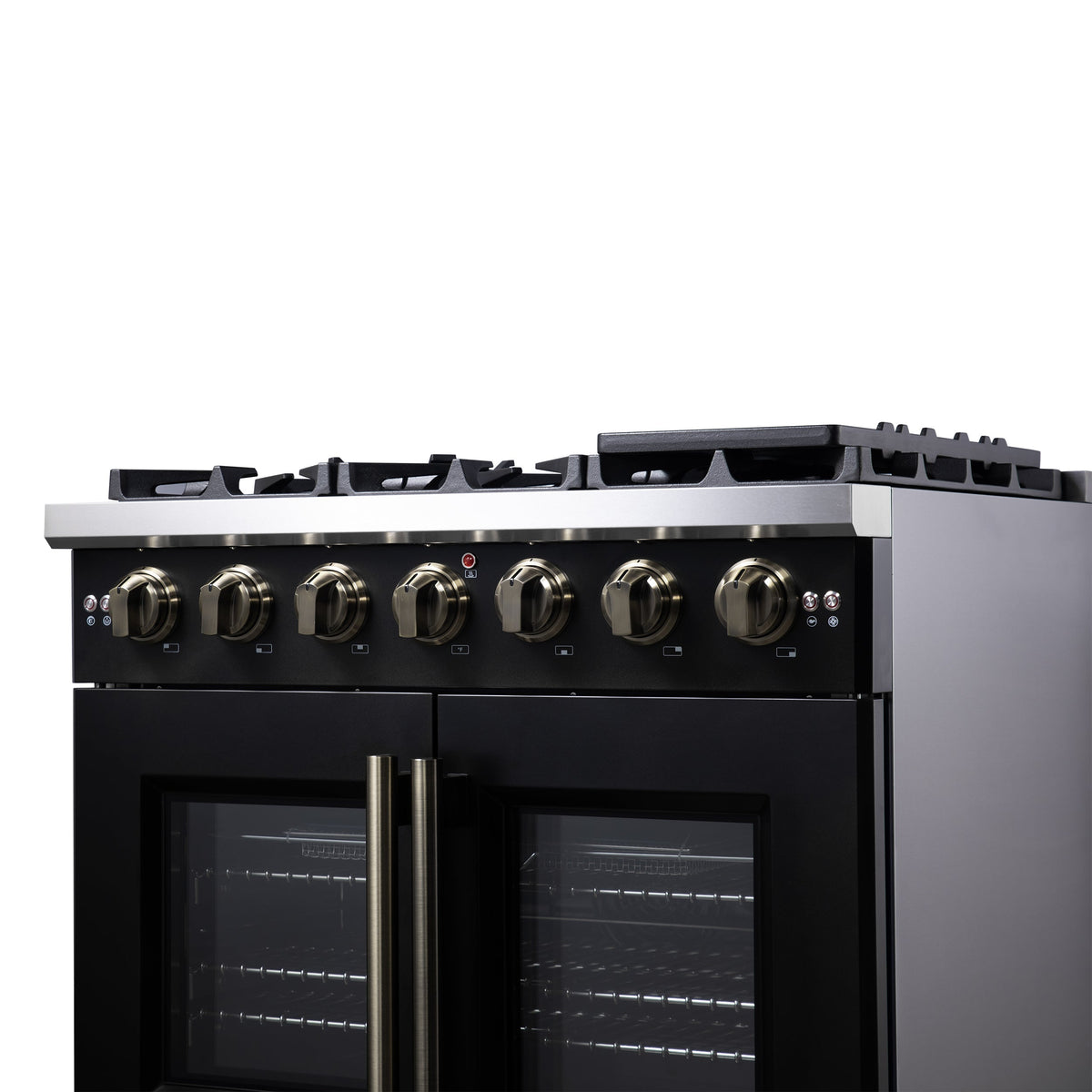 Forno Capriasca 36-Inch French Door Gas Range, 5.36 cu. ft. Oven, 6 Sealed Gas Burners, Air Fry Basket, Rotisserie Kit, Wok Ring and Griddle, Black with Antique Brass Accents (Model FFSGS6460-36BLK)