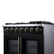 Forno Capriasca 36-Inch French Door Gas Range, 5.36 cu. ft. Oven, 6 Sealed Gas Burners, Air Fry Basket, Rotisserie Kit, Wok Ring and Griddle, Black with Antique Brass Accents (Model FFSGS6460-36BLK)