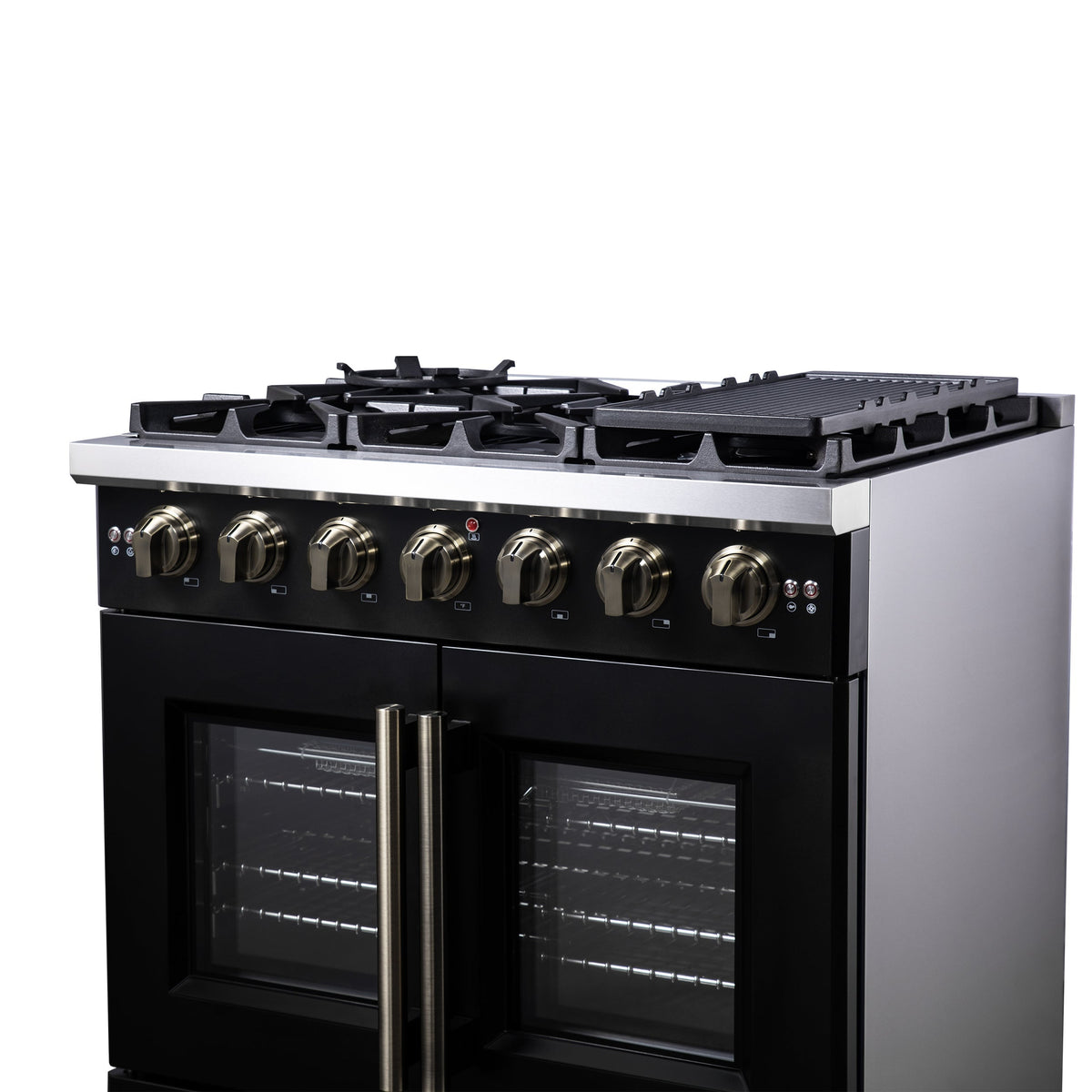 Forno Capriasca 36-Inch French Door Gas Range, 5.36 cu. ft. Oven, 6 Sealed Gas Burners, Air Fry Basket, Rotisserie Kit, Wok Ring and Griddle, Black with Antique Brass Accents (Model FFSGS6460-36BLK)