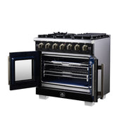 Forno Capriasca 36-Inch French Door Gas Range, 5.36 cu. ft. Oven, 6 Sealed Gas Burners, Air Fry Basket, Rotisserie Kit, Wok Ring and Griddle, Black with Antique Brass Accents (Model FFSGS6460-36BLK)