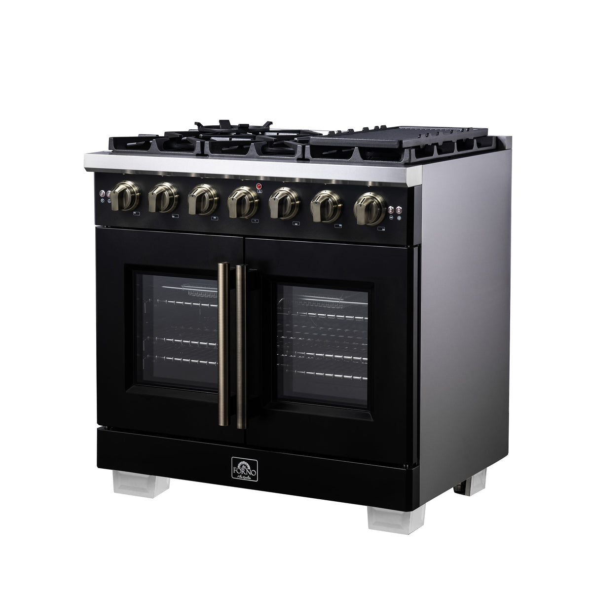 Forno Capriasca 36-Inch French Door Gas Range, 5.36 cu. ft. Oven, 6 Sealed Gas Burners, Air Fry Basket, Rotisserie Kit, Wok Ring and Griddle, Black with Antique Brass Accents (Model FFSGS6460-36BLK)