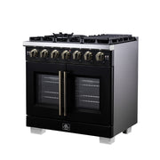 Forno Capriasca 36-Inch French Door Gas Range, 5.36 cu. ft. Oven, 6 Sealed Gas Burners, Air Fry Basket, Rotisserie Kit, Wok Ring and Griddle, Black with Antique Brass Accents (Model FFSGS6460-36BLK)