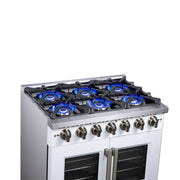 Forno Capriasca 36-Inch Gas Range with French Door Oven, 6 Sealed Burners, 5.36 cu. ft. Capacity, Air Fry Kit, Rotisserie, Wok Ring, Griddle, White with Antique Brass Accents (Model FFSGS6460-36WHT)