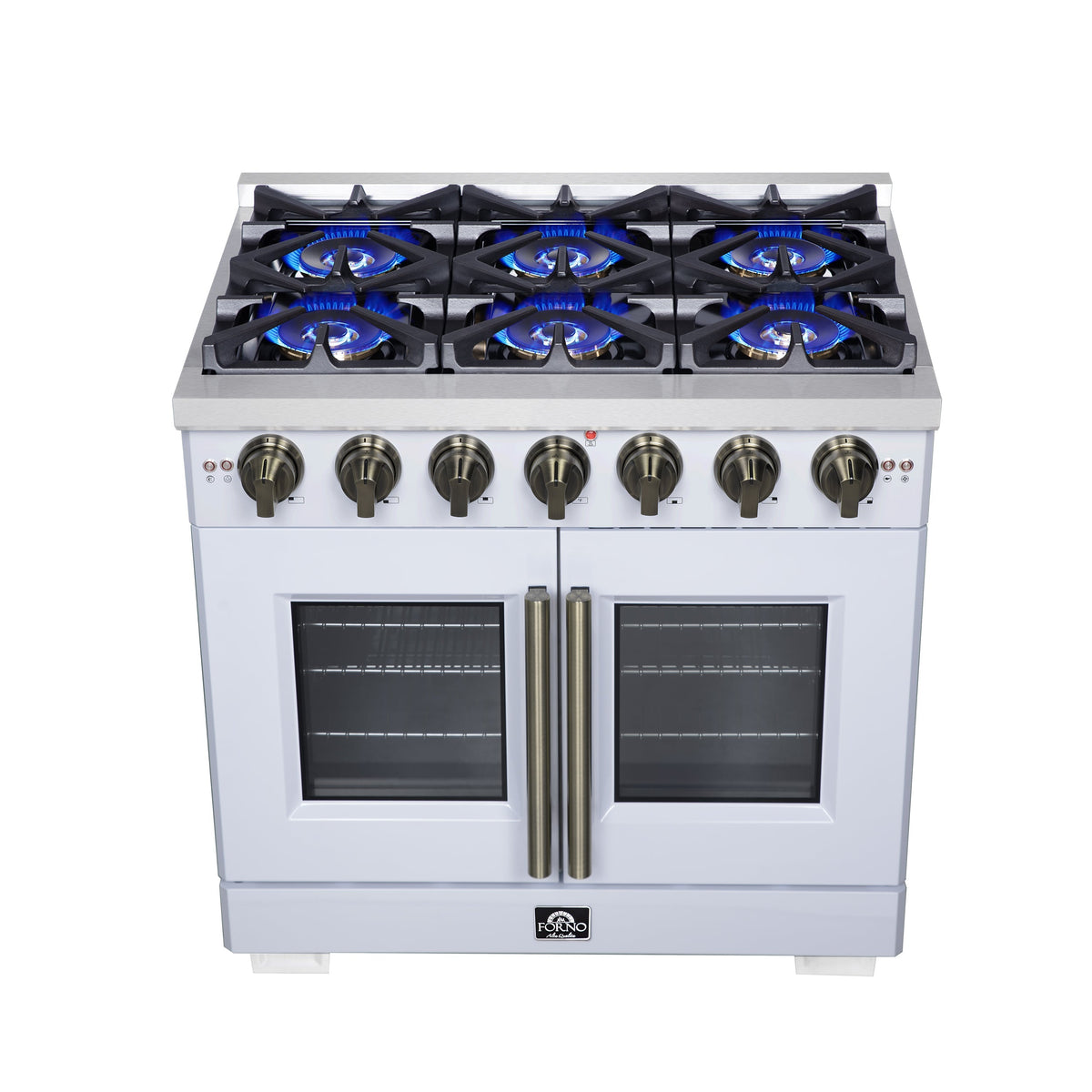 Forno Capriasca 36-Inch Gas Range with French Door Oven, 6 Sealed Burners, 5.36 cu. ft. Capacity, Air Fry Kit, Rotisserie, Wok Ring, Griddle, White with Antique Brass Accents (Model FFSGS6460-36WHT)