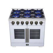 Forno Capriasca 36-Inch Gas Range with French Door Oven, 6 Sealed Burners, 5.36 cu. ft. Capacity, Air Fry Kit, Rotisserie, Wok Ring, Griddle, White with Antique Brass Accents (Model FFSGS6460-36WHT)