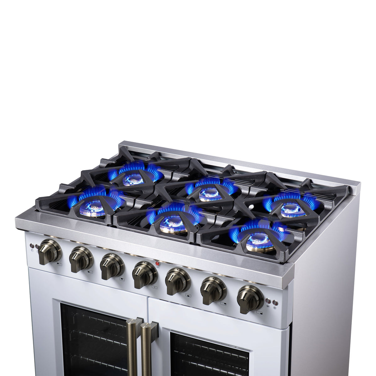Forno Capriasca 36-Inch Gas Range with French Door Oven, 6 Sealed Burners, 5.36 cu. ft. Capacity, Air Fry Kit, Rotisserie, Wok Ring, Griddle, White with Antique Brass Accents (Model FFSGS6460-36WHT)