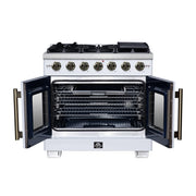 Forno Capriasca 36-Inch Gas Range with French Door Oven, 6 Sealed Burners, 5.36 cu. ft. Capacity, Air Fry Kit, Rotisserie, Wok Ring, Griddle, White with Antique Brass Accents (Model FFSGS6460-36WHT)