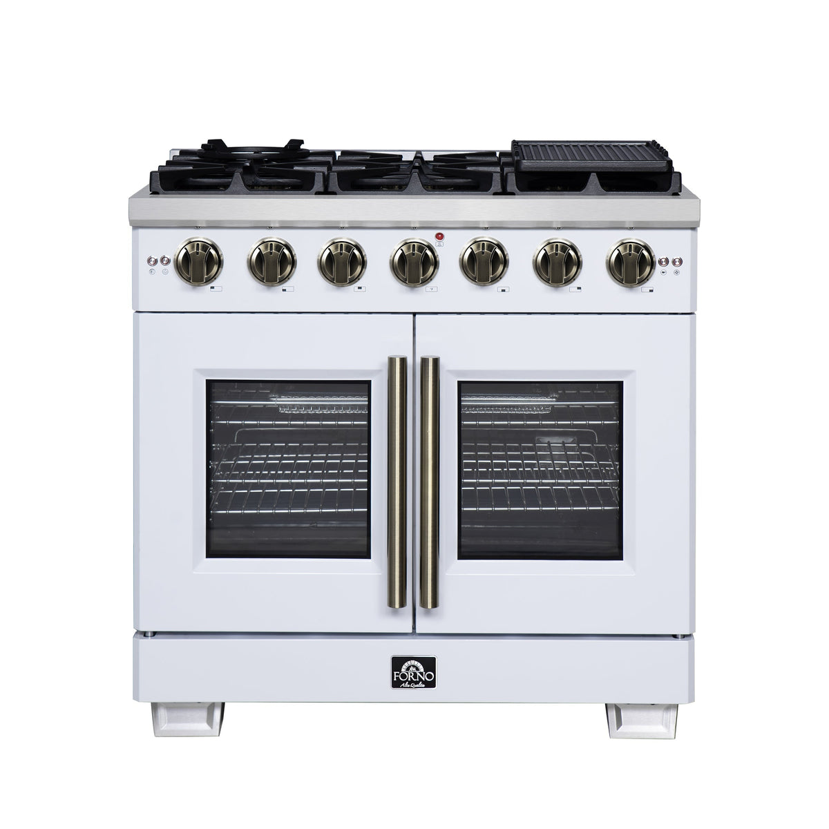Forno Capriasca 36-Inch Gas Range with French Door Oven, 6 Sealed Burners, 5.36 cu. ft. Capacity, Air Fry Kit, Rotisserie, Wok Ring, Griddle, White with Antique Brass Accents (Model FFSGS6460-36WHT)