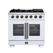 Forno Capriasca 36-Inch Gas Range with French Door Oven, 6 Sealed Burners, 5.36 cu. ft. Capacity, Air Fry Kit, Rotisserie, Wok Ring, Griddle, White with Antique Brass Accents (Model FFSGS6460-36WHT)