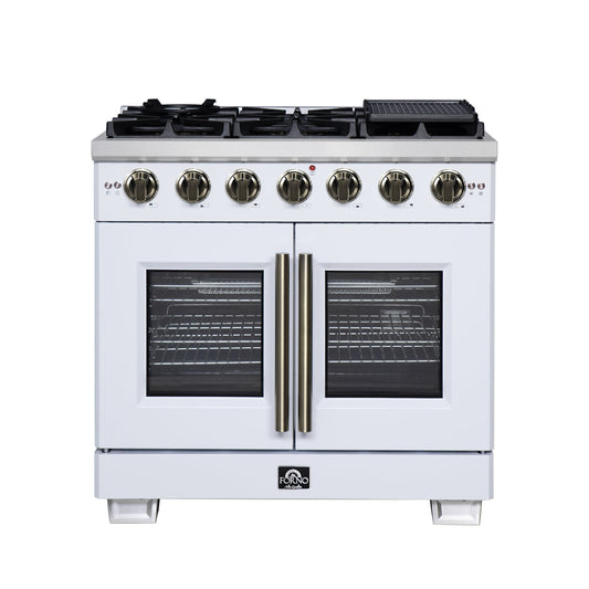 Forno Capriasca 36-Inch Gas Range with French Door Oven, 6 Sealed Burners, 5.36 cu. ft. Capacity, Air Fry Kit, Rotisserie, Wok Ring, Griddle, White with Antique Brass Accents (Model FFSGS6460-36WHT)