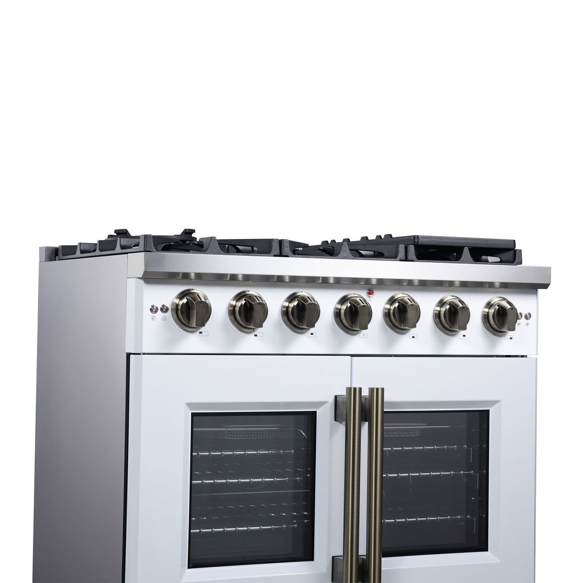 Forno Capriasca 36-Inch Gas Range with French Door Oven, 6 Sealed Burners, 5.36 cu. ft. Capacity, Air Fry Kit, Rotisserie, Wok Ring, Griddle, White with Antique Brass Accents (Model FFSGS6460-36WHT)